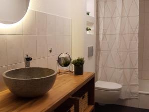 a bathroom with a large stone sink and a toilet at Ferienwohnung Strickert in Stexwig in Stexwig +11 photos