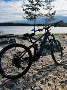 a bike parked on the sand next to a tree at Nature resort Linnunrata in Oulu +7 photos