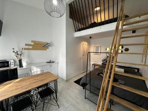 a small apartment with a loft bed and a dining room at ANA City Rooms in Cluj-Napoca