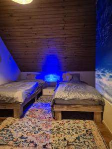 two twin beds in a room with a blue light at Siedlisko Bliss Garden Retreat House ZielonoMi in Lengenquell