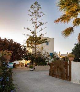 a tree in front of a house with a fence at Matina's Family in Mikri Vigla
