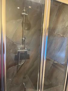 a shower with a glass door in a room at Crowtrees Barns in Waterhouses +8 photos