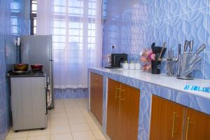a kitchen with a counter and a refrigerator at Nook Cabins in Ruringʼu