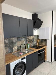 a kitchen with a washing machine and a sink at Apartmán Leo in Kežmarok