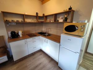 a small kitchen with a sink and a microwave at Barna kuckó in Mohács
