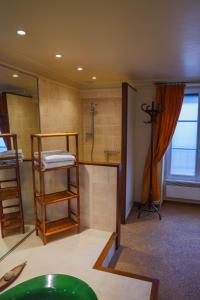 a bathroom with a shower and a sink and a mirror at L'Ancien Relais in Genouilly +36 photos