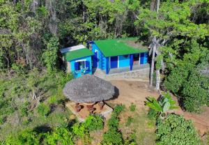 an overhead view of a blue house with a grass roof at Villa Lokobe in Hell-Ville +10 photos