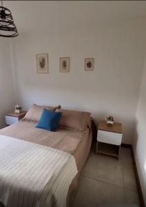 a bedroom with a bed with a blue pillow on it at El refugio de Marisela in Trevelín