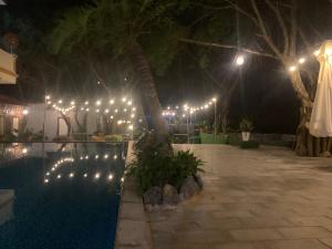 a row of lights around a pool at night at Trang An Mountain Ecologe in Xuân Sơn