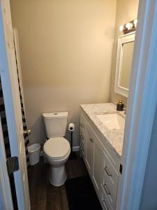 a bathroom with a white toilet and a sink at Apartment in Cleveland in Cleveland