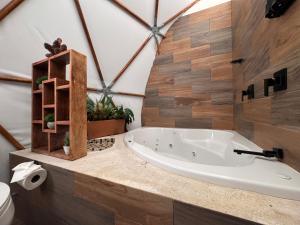 a bathroom with a tub and a toilet at Glamping en Valle de Bravo in Valle de Bravo