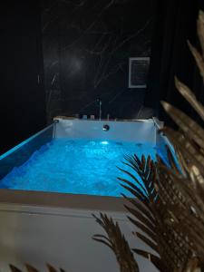 a bath tub filled with blue water in a bathroom at Le Bovary Hotel Suite Diamond in Héron