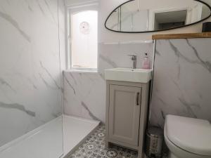 a bathroom with a sink and a toilet and a mirror at Riverdance Cottage in Lyme Regis +33 photos