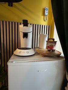 a coffee maker sitting on top of a refrigerator at Le Bovary Hotel Suite Safari in Héron
