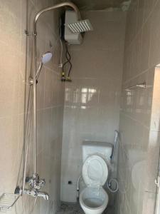 a bathroom with a shower and a toilet in a stall at Trendy Terrace in Benin City
