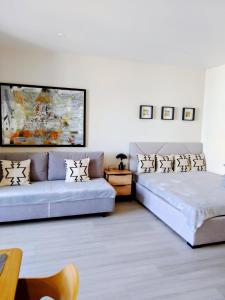 a living room with two beds and a couch at Свіжі апартаменти в центрі міста новобудові на Проскурівське підпілля 110а in Khmelnytskyi