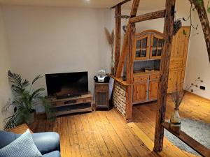 a living room with a flat screen tv and a couch at Zum Jandel in Boppard