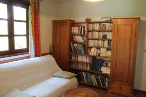 a living room with a book shelf filled with books at gite les Lavandes à Soyons, à proximité de Valence in Soyons