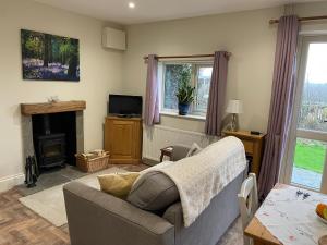 a living room with a couch and a fireplace at Stag Cottage in Ilkeston