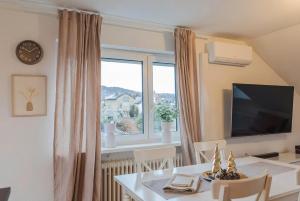 a living room with a table and a large window at Dreiländer Blick Apartments in Lörrach