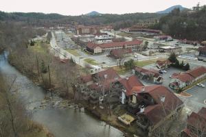 an aerial view of a town next to a river at Bavarian Brook 7A in Helen