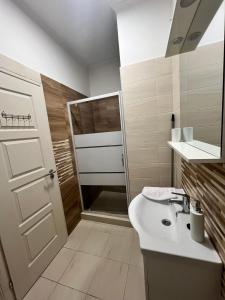 a bathroom with a sink and a shower at Napfény Apartman in Makó +60 photos