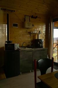 a kitchen with wooden walls and a counter with a sink at Cabana Valea Brazilor in Tutana