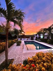 a villa with a swimming pool and a palm tree at La Masia Hostal in Taganga +6 photos