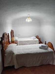 two twin beds in a bedroom with a chandelier at El refugio de Águeda in Gorafe