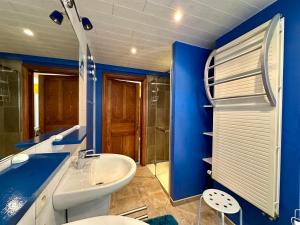 a blue bathroom with a sink and a toilet at La Méliraude in Daverdisse +25 photos