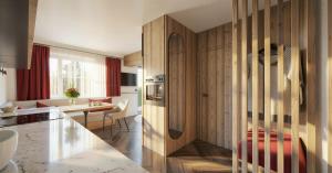 a kitchen with wooden cabinets and a dining room at Dirtlergut in Haus im Ennstal