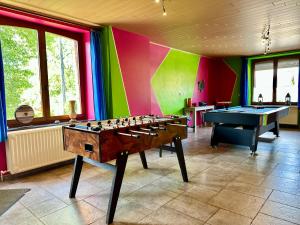 a room with a pool table and apainted wall at La Méliraude in Daverdisse