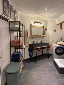 a bathroom with a sink and a washing machine at Haus der Geschichten in Marienberg +20 photos
