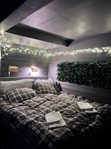 a bedroom with a bed and a green wall at Modern Luxplace with Northern Light view in Tromsø