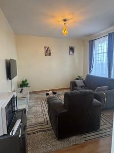 a living room with a blue couch and a tv at TMT Homes in Nairobi