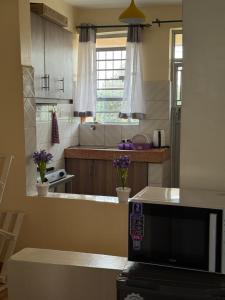 a kitchen with a counter and a kitchen with a microwave at TMT Homes in Nairobi +20 photos