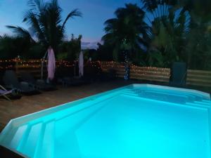 a swimming pool lit up at night with christmas lights at Gîte HIBISCUS in Saint-François