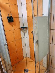 a shower with orange and white tiled walls at Althanský penzion in Znojmo +39 photos