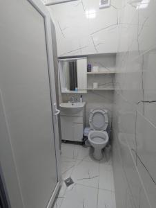 a white bathroom with a toilet and a sink at warm house in Tsqaltubo +12 photos