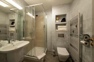 a bathroom with a shower and a sink and a toilet at Boutique Hotel Prokopovka 34 in Pilsen +37 photos