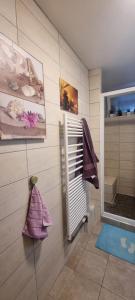 a bathroom with a shower with a window and a towel at Charmante chambre chez l'habitant in Ivry-sur-Seine