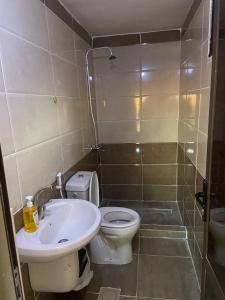 a small bathroom with a toilet and a sink at Naif Bedouin tour in Wadi Rum +5 photos