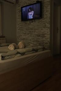 a bedroom with a bed with a tv on a brick wall at Apartments Peka in Dušanovac (historical)