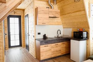 a kitchen in a tiny house with wooden walls at Zelemin House in Skole
