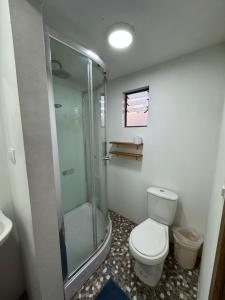 a bathroom with a toilet and a glass shower at Casa Maybell in Chillán