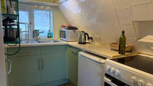 a small kitchen with a sink and a microwave at 1 Bedroom Cabin with Mountain & Loch Views - Quiet Location between Glencoe & Ben Nevis in Onich