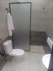 a bathroom with a shower and a toilet and a sink at Capital Hotel in Downtown in Cairo +9 photos