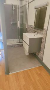 a bathroom with a sink and a shower at Hôtel 2 Gares in Nevers