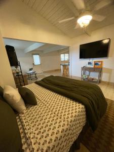 a bedroom with a bed and a flat screen tv at Hawaii Private Studio in Holualoa