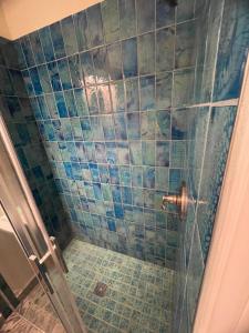 a bathroom with a shower with blue tiles at Hawaii Private Studio in Holualoa +9 photos